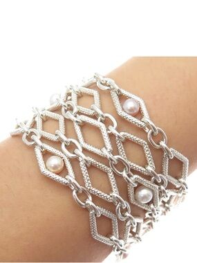 CHARLES KRYPELL 14K White Gold & Sterling Genuine Pearl Bracelet  7.3 in